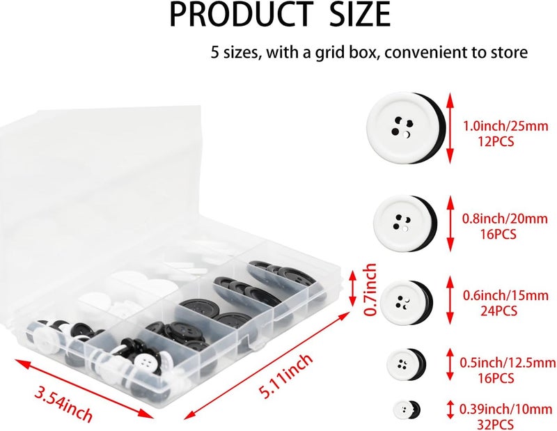 Lilaly 100 pcs Buttons for Crafts Buttons, Button DIY Buttons, Mixed Sewing Buttons, 5 Sizes of Round Mixed Buttons Suitable for for Crafts, Coats, Shirts, Pants, Shorts and More(White & Black) - Image 2